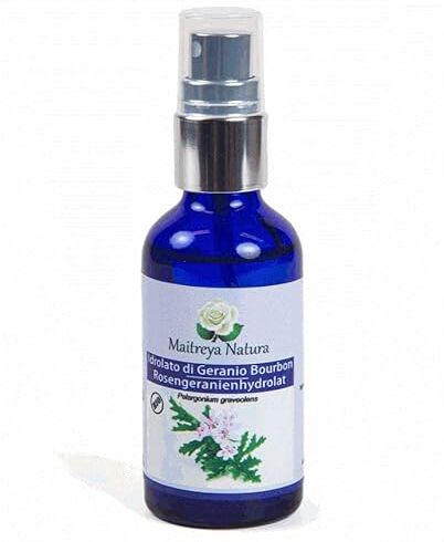 maitreya Natura IDROLATO DI GERANIO biologico, 100% puro e naturale, 50ml aromaterapia, acqua profumata, cosmetica qualità controllata e certificata, vegan