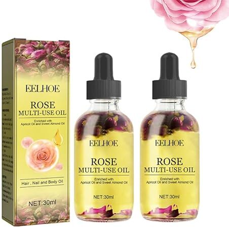 WOBBLO Olio di rosa multiuso, petali di rosa, olio essenziale di rosa, olio di rosa per capelli, olio di rosa canina biologico per il viso (2pcs)