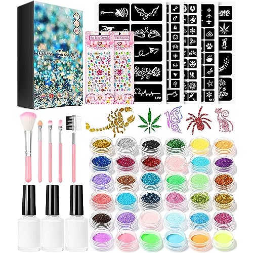 Pure kit di tatuaggi glitter glitterati, tatuaggi temporanei per bambini Ragazze, 36PCS Glitter Corpo Con 5 Pennelli 3 Colla e Stencils per Corpo Viso Unghie, Concerti Feste Matrimoni Trucco