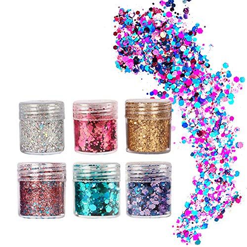 Creative Viso Glitter Grosso Glitter Volti e Corpi Cosmetici Esagoni Glitter Paillette Decorazione Glitter Glitter Capelli e Unghie 6 Colori per Festival Natale