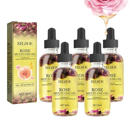 WOBBLO Olio di rosa multiuso, petali di rosa, olio essenziale di rosa, olio di rosa per capelli, olio di rosa canina biologico per il viso (5pcs)