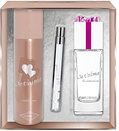 EVAFLORPARIS JE T'AIME PASSIONÉMENT Gift Box: Eau de Parfum 100 ml + Déodorant 150 ml + Pocket Atomizer 12 ml, Set, Women Spray for Her, Women Perfume,  520 g