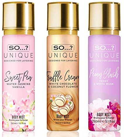 SO...? So…? Unique Womens Pink Bouquet Bundle Sweet Pea, Truffle Cream, Peony Blush Body Mist Spray Mixed Fragrance Bundle 150ml (Pack of 3)