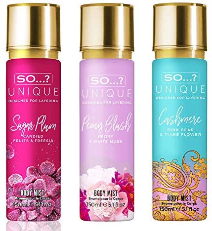 SO...? So…? Unique Womens Sweet Petals Bundle Sugar Plum, Peony Blush, Cashmere Body Mist Spray Mixed Fragrance Bundle 150ml (Pack of 3)