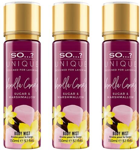 SO...? So…? Unique Womens Vegan Vanilla Candy Vegan Body Mist Fragrance Spray 150ml (Pack of 3)