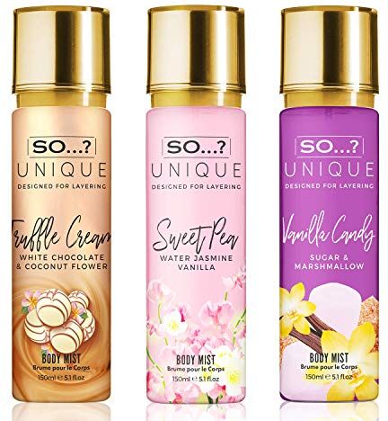 SO...? So…? Unique Womens Candy Kiss Bundle Truffle Cream, Sweet Pea, Vanilla Candy Body Mist Spray Mixed Fragrance Bundle 150ml (Pack of 3)