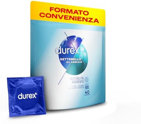 Durex Settebello Classico, Preservativi  Classic, 40 Profilattici, Formato Convenienza, Confezione Riciclabile Salvaspazio