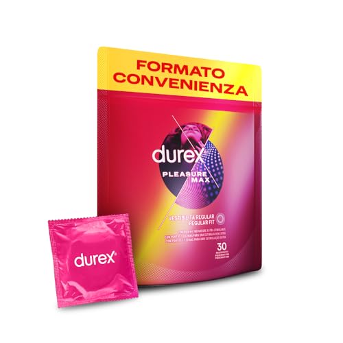 Durex Pleasuremax, Preservativi con Rilievi e Nervature, 30 Profilattici, Formato Convenienza, Confezione Riciclabile Salvaspazio