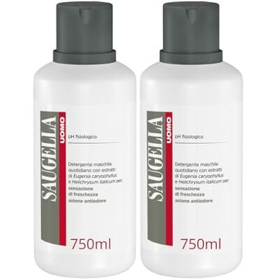 Saugella Uomo, Detergente Intimo Rivitalizzante Antiodore, 2x750 ml Con Estratti di Elicriso e Chiodi di Garofano, pH Fisiologico Saugella Uomo, Detergente Intimo Rivitalizzante Antiodore, 2x750 ml Con Estratti di Elicriso e Chiodi di Garofano, pH Fisiologico