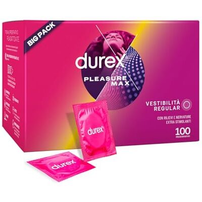 Durex Pleasuremax, Preservativi con Rilievi e Nervature, Formato Convenienza, 100 Profilattici Durex Pleasuremax, Preservativi con Rilievi e Nervature, Formato Convenienza, 100 Profilattici
