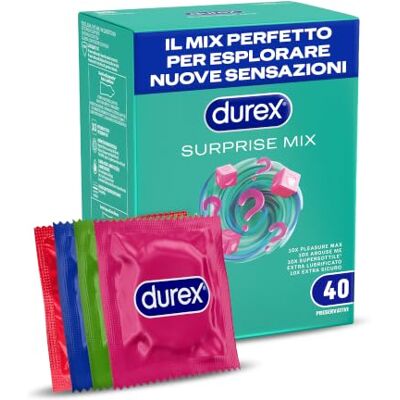 Durex Surprise Mix, Preservativi Assortiti, Profilattici Sottili e con Rilievi e Nervature, 40 Profilattici, Solo Online Durex Surprise Mix, Preservativi Assortiti, Profilattici Sottili e con Rilievi e Nervature, 40 Profilattici, Solo Online