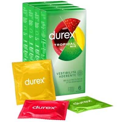 Durex Tropical Preservativi Aromatizzati alla Frutta, Gusto: Banana, Mela, Fragola e Arancia, Lubrificati a Base Siliconica 24 Profilattici Durex Tropical Preservativi Aromatizzati alla Frutta, Gusto: Banana, Mela, Fragola e Arancia, Lubrificati a Base Siliconica 24 Profilattici