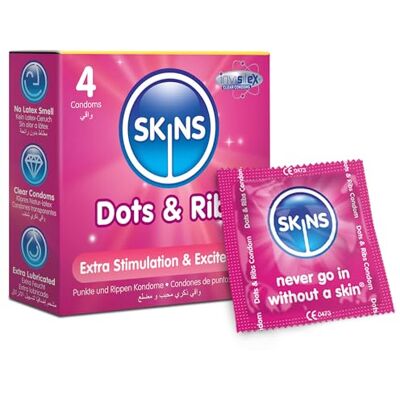 SKINS Sexual Health Confezione multipla di preservativi premium testurizzati a "Dots & Ribs", nessun odore di lattice e lubrificazione extra, confezione da 4 SKINS Sexual Health Confezione multipla di preservativi premium testurizzati a "Dots & Ribs", nessun odore di lattice e lubrificazione extra, confezione da 4