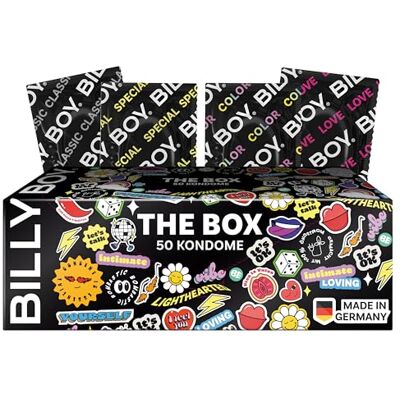 Billy Boy Profilattici The Box 50 pz Profilattici nelle misure 52 mm e 56 mm Otto diverse varietà assortite (1x50 pezzi) Billy Boy Profilattici The Box 50 pz Profilattici nelle misure 52 mm e 56 mm Otto diverse varietà assortite (1x50 pezzi)