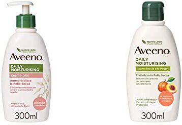 Aveeno Crema Corpo Idratante, Daily Moisturising, Crema Olio, Profumo di mandorle, da Pelle Normali a Secche, 300ml & Bagno Doccia allo Yogurt, Bagnoschiuma Senza Sapone