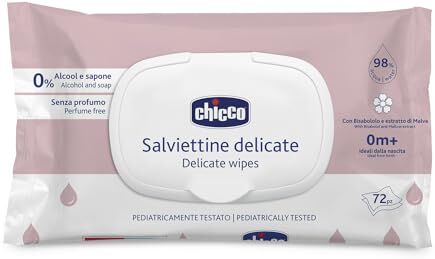 Chicco Salviette Neonato Delicate Detergenti Multiuso Con Clip, Senza Alcool, Adatte per Pelli Sensibili, Megapack da 864 Salviette, 12 Confezioni da 72 Salviettine