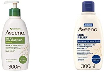 Aveeno Crema Corpo Idratante, Daily Moisturising, Senza Profumo, per Pelli Normali e Pelli Secche, 300 ml & Detergente Olio Bagno e Doccia Lenitivo, Bagnoschiuma, Skin Relief