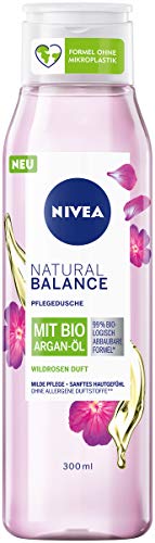 NIVEA Natural Balance Gel doccia con profumo di rosa selvatica e olio di argan biologico (300 ml), doccia nutriente senza profumi allergici, doccia vegana per pelli secche e sensibili