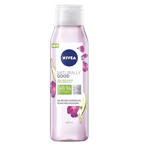 NIVEA Shower Gel da donna 300 ml, olio di rosa e argan (confezione da 4) gel doccia è un detergente naturale con una formula biodegradabile al 99%, adatto per tutti i tipi di pelle, realizzato in