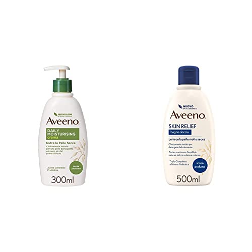 Aveeno Crema Corpo Idratante, Daily Moisturising, Senza Profumo, per Pelli Normali e Pelli Secche, 300 ml & Bagno Doccia Lenitivo, Bagnoschiuma, Skin Relief, Ipoallergenico, senza Profumo