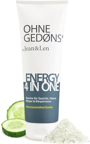 Jean & Len Energy 4 in 1 Gel doccia Estratti di mare e cetriolo per viso, capelli, corpo e rasatura del corpo, ingredienti delicati coccolano pelle e capelli, senza parabeni e siliconi, gel doccia