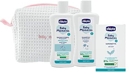 Chicco Baby Moments Set Igiene Neonato, Set Comprende Bagno Corpo, Shampoo E Saponetta, Adatto Per Pelli Sensibili Dei Bambini, BeautyBauty Bag con Zip, Idea Regalo, Cofanetto Regalo, 0 Mesi+, Bimba