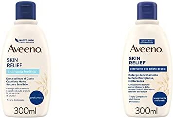 Aveeno , Shampoo Lenitivo, Skin Relief, Cuoio Capelluto da Secco a Molto Secco, 300ml & Detergente Olio Bagno e Doccia Lenitivo, Bagnoschiuma, Skin Relief, senza Sapone e Solfati