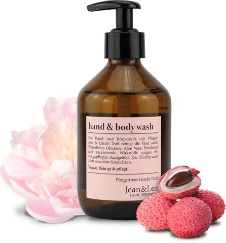 Jean & Len Hand & Body Wash Peonia & Litchi, pulisce e nutre la pelle durante il lavaggio, profumo floreale, gel doccia e sapone, senza parabeni, siliconi e microplastica, vegano, bottiglia di vetro