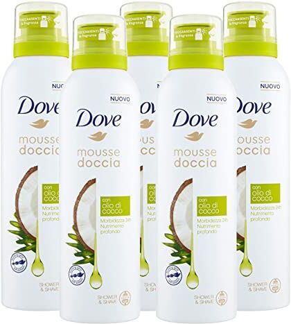 Dove 5x  Mousse Doccia Con Olio di Cocco Morbidezza e Nutrimento 24h 5 Flaconi da 200 ml