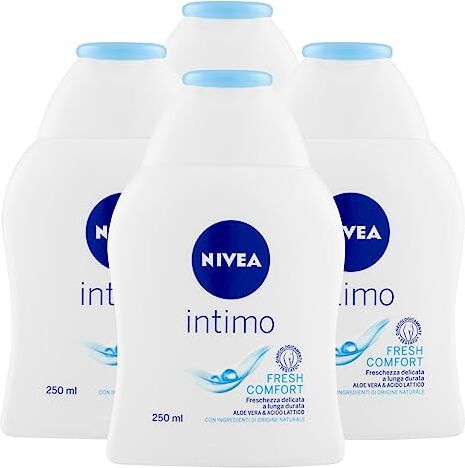 NIVEA Detergente Intimo Fresh Comfort con Aloe Vera ed Acido Lattico Formula Delicata Rinfrescante con Ingredienti Naturali Profumo di Tè Bianco Senza Sapone Alcalino e Coloranti 4 Flaconi da 250ml