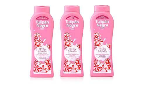 Generico 3 Pezzi Gel da bagno Tulipan negro Fragola e Crema, Fresa e Nata, Intensamente Profumato 650 ML