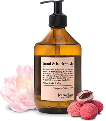 Jean & Len Lavamani e Corpo Peonia e litchi, deterge e nutre la pelle, fragranza fiorita e delicata, gel doccia e sapone, senza parabeni, siliconi e microplastiche, vegan, flacone in vetro 500 ml