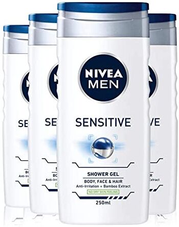 NIVEA Gel doccia sensibile da uomo, confezione da 4 (4 x 250 ml), gel doccia per pelle sensibile senza alcool, gel doccia delicato per uomo, gel doccia per pelli irritate