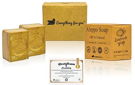 Everything For You Sapone di aleppo originale 2x200 g, 50% olio d'oliva, 50% olio di alloro PH valore 8, sapone per capelli, sapone per doccia, proprietà Detox Veganes tagliato a mano fatto in Turchia