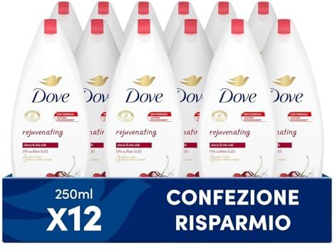 Dove Doccia Rejuvenating alla Ciliegia e Latte di Chia, Bagnodoccia Idratante, Formula Delicata sul Microbioma della Pelle, al 97%* Biodegradabile, Bagnodoccia Uomo e Donna, 12 Pezzi da 250 ml