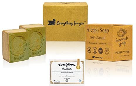 Everything For You Sapone originale Aleppo, 80% in olio d'oliva, 20% in olio di alloro, circa 2x190 g; originale, pH 8, per capelli, per doccia, con proprietà detox, vegano, tagliato a mano