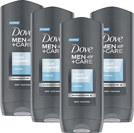 Dove , Bagnoschiuma  Men+Care Clean Comfort, Bagnoschiuma Uomo Viso e Corpo Idratante, con Tecnologia MicroMoisture, Dermatologicamente Testato, 4 Pezzi da 400 ml