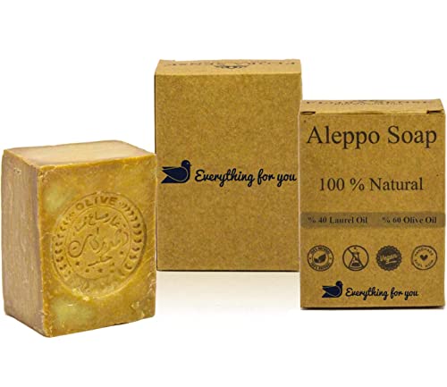 Everything For You Sapone doccia di Aleppo, 60% olio d'oliva, 40% olio di alloro, 200 gr circa, Vegan, per il viso, Eczema, Psoriasi, da Barba, stagionato almeno 5 anni