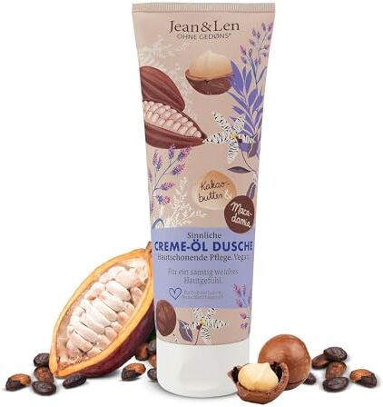 Jean & Len Olio crema doccia burro di cacao macadamia, pH-hautideal, ricca esperienza di doccia, con prezioso estratto di burro di cacao e olio di macadamia, gel doccia vegano, senza parabeni e