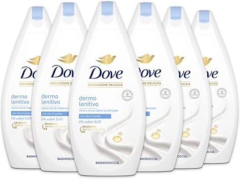 Dove , Bagnodoccia Dermo-Lenitivo, con Idratante Dermo-Naturale, Pelle Morbida e Idratata Dopo Ogni Doccia, Dermatologicamente Testato, Delicato sul Microbioma, 92% Biodegradabile, 6 Pezzi da 450 ml