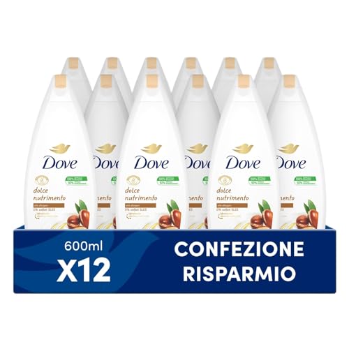 Dove , Bagnodoccia Dolce Nutrimento, con Idratante Dermo-Naturale, Olio di Argan, Nutre e Riequilibra la Pelle Secca, Dermatologicamente Testato, Delicato sul Microbioma, 12 Pezzi da 600 ml