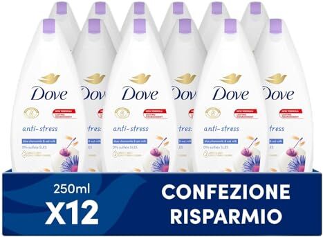 Dove Doccia Anti-Stress alla Camomilla, Bagnodoccia Idratante, Formula Delicata sul Microbioma della Pelle, al 97%* Biodegradabile, Bagnodoccia Uomo e Donna, 12 Pezzi da 250 ml