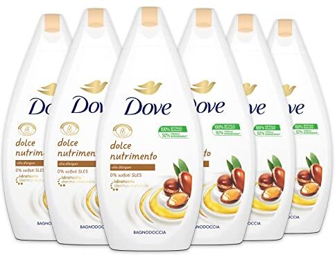 Dove , Bagnodoccia Dolce Nutrimento, con Idratante Dermo-Naturale, Olio di Argan, Nutre e Riequilibra la Pelle Secca, Dermatologicamente Testato, Delicato sul Microbioma, 6 Pezzi da 450 ml