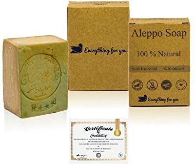 Everything For You Sapone originale Aleppo, 80% in olio d'oliva, 20% in olio di alloro, circa 200 g, originale, pH 8, per capelli, per doccia, con proprietà detox, vegano, tagliato a mano