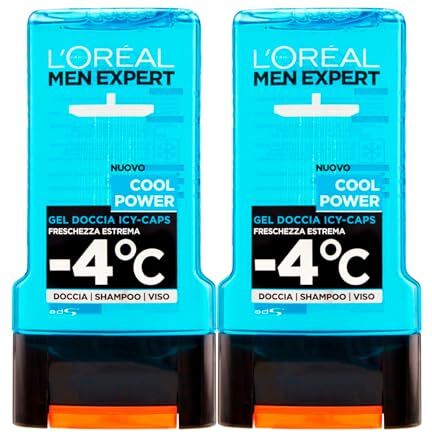 L'Oreal L'Oréal Paris Men Expert Cool Power Gel Doccia Uomo 3in1 Icy-Caps Freschezza Estrema -4°C Effetto Ghiaccio Azione Istantanea per Corpo Viso Capelli con Fragranza di Menta Glaciale 2 Flaconi da 300ml