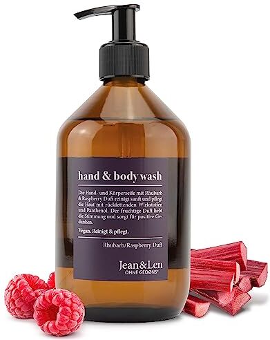 Jean & Len Lavamani e Corpo Rabarbaro e Lampone, deterge delicatamente e si prende cura delle mani, sapone liquido in dispenser a pompa, fragranza fruttata, senza parabeni e siliconi, vegan, 500 ml