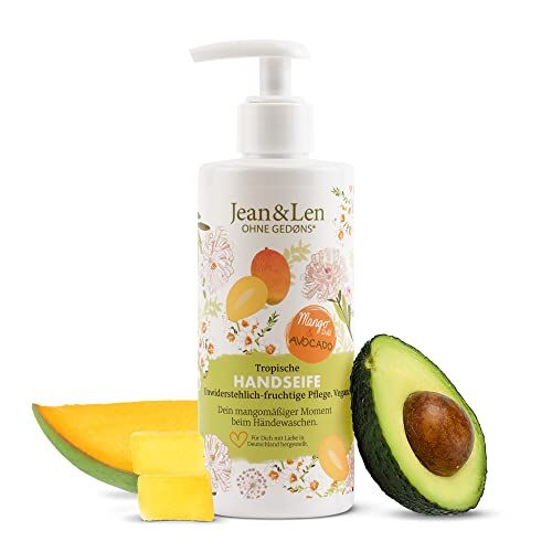 Jean & Len Tropical Hand Soap Mango & Avocado, deterge delicatamente le mani, sapone liquido in dispenser a pompa, adatto a pelli sensibili, fragranza tropicale, senza parabeni e siliconi, 250 ml