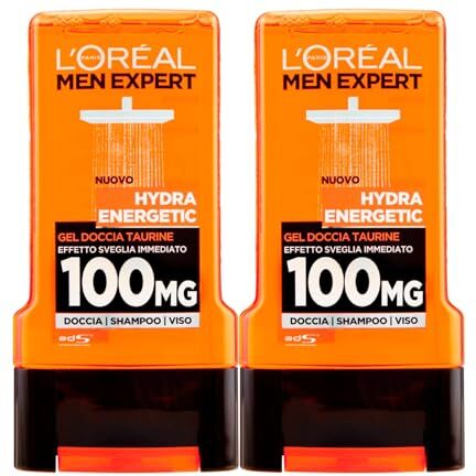 L'Oreal L'Oréal Paris Men Expert Hydra Energetic Gel Doccia Uomo 3in1 Taurine Effetto Sveglia Immediato 100mg Azione Energizzante Istantanea per Corpo Viso Capelli Formula con Taurina 2 Flaconi da 300ml