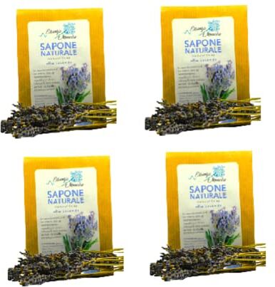 Essenza Monviso 4 Saponi Naturali alla Lavanda, a base di Olio di Oliva, mani, viso, corpo, fatto a mano, 4 x 100 g, con Olio Essenziale di Lavanda coltivata in Montagna origine Biologica.