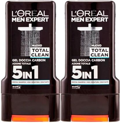 L'Oreal L'Oréal Paris Men Expert Total Clean Gel Doccia Uomo 5in1 Carbon Azione Totale Istantanea Idratante per Corpo Viso Capelli Rasatura Formula Detergente con Carbone Vegetale 2 Flaconi da 300ml